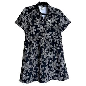 Nike Sportswear A-Line Dress Girl Large Black & White Floral 1/4 Zip Cap Sleeve